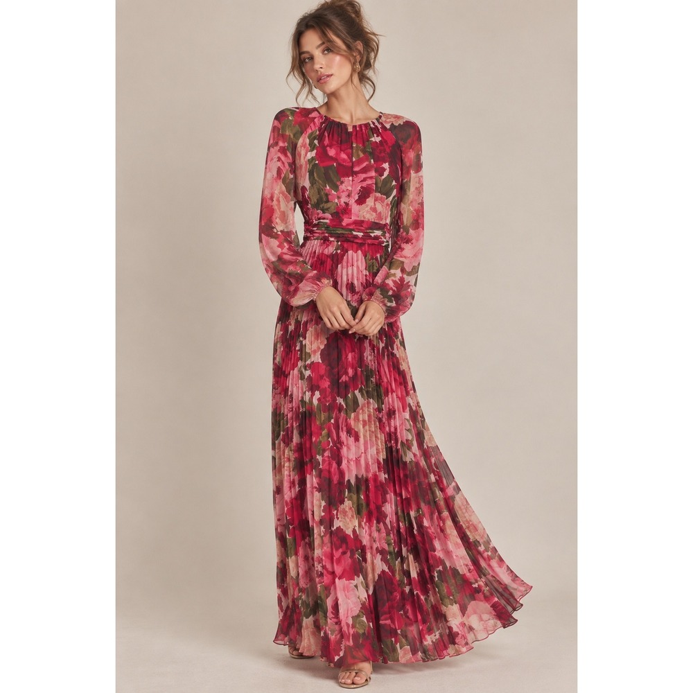 Xscape Floral Maxi Dress 6 Red Pleated Chiffon Long Sleeve Gown Romantic Flowy